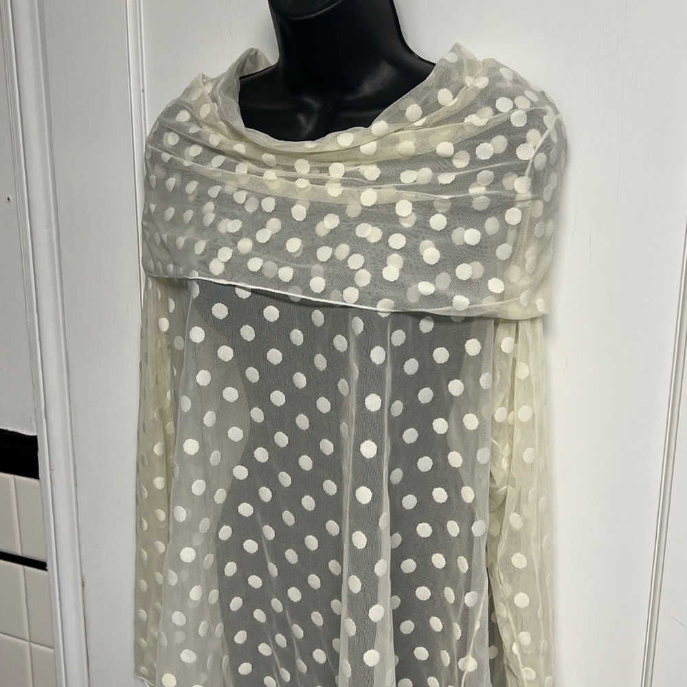Meshy polka dot cream long sleeve ladies blouse cowl neck